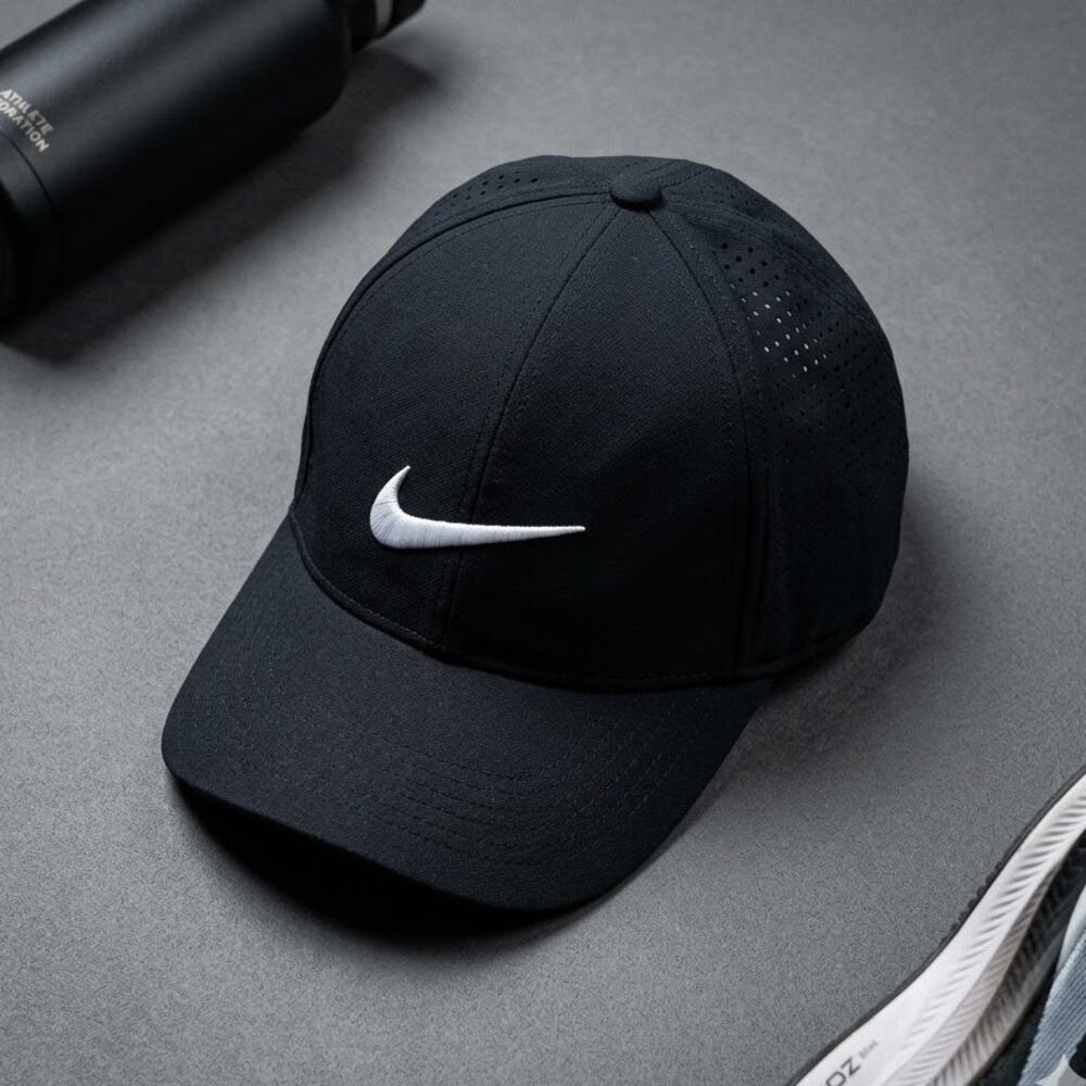 Nike Legacy91 Dri-FIT Black White Swoosh Perforated Golf Running Hat Cap